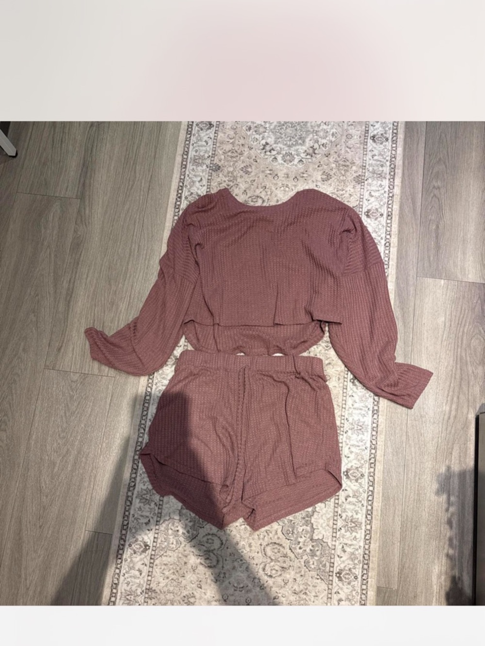 SHEIN Waffle-Knit Cropped Sweatshirt & Shorts Set - Mauve